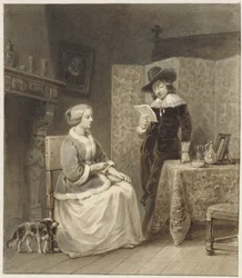 Historisches Interieur mit sitzender Frau und stehendem, lesendem Mann