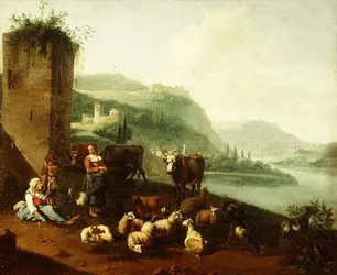 Eine italienische Landschaft mit Bauern, Vieh, Schafen und Ziegen bei einem Brunnen