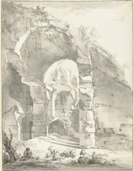 Ruine mit einem Hirten und Schafen links