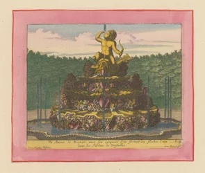 Brunnen mit einer Statue eines Putto mit Bogen in der Hand, sitzend auf einem Delfin