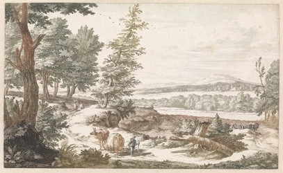 Landschaft mit Eseln auf einem Weg