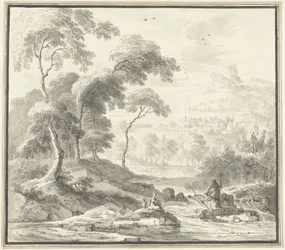 Idyllische Hügellandschaft mit Frauen an einem Bach