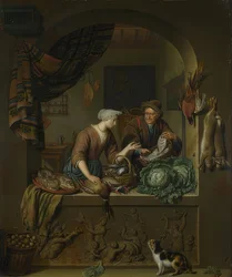 Frau und Fischhändler in der Küche