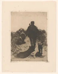 Schäfer mit Hund hinter seiner Herde