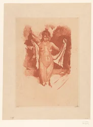 Stehende, nackte Frau, die sich abtrocknet