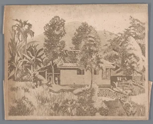 Haus mit dem Vulkan Salak(?) im Hintergrund, Buitenzorg