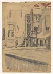 Mädchen bei hölzerner Treppe, Kaumauer