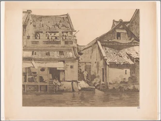 Zwei Figuren bei Häusern an einem Fluss in Batavia