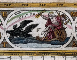 Darstellung des Gottes Jupiter, der in seinem Wagen gegen schwarze Adler kämpft (Gravur) in "Le Theatre du Monde"
