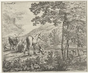 Landschaft mit einem Maultier und Ziegen