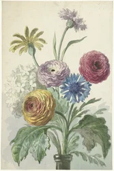 Blumenstrauß im Hals einer grünen Vase