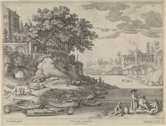 Hafen mit Ruderbooten, Figuren und Vieh