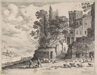 Landschaft mit einem Haus, Figuren und Vieh