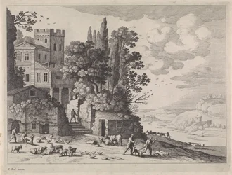 Landschaft mit einem Haus, Figuren und Vieh