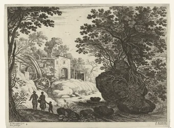 Paar und Kind bei Wassermühle (Italienische Landschaften)