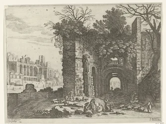 Rastende Familie vor einer Ruine