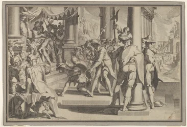 Allegorie der Gerechtigkeit Heiligkeit des Gesetzes mit einer Gerichtsszene, die einen begnadigten Mann darstellt, 1605
