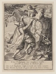 Ein junger Mann, der mit Hilfe von Amor einen Hang erklimmt, aus Allegorie des Missbrauchs weltlichen Eigentums