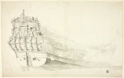Niederländisches Schiff mit verziertem Bug von der Steuerbordseite gesehen