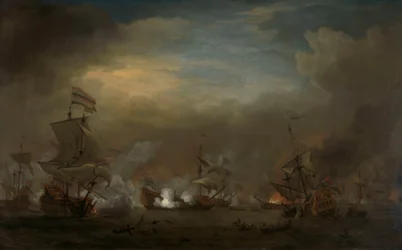 Nächtliche Seeschlacht zwischen Cornelis Tromp auf der Gouden Leeuw und Sir Edward Spragge auf der Royal Prince