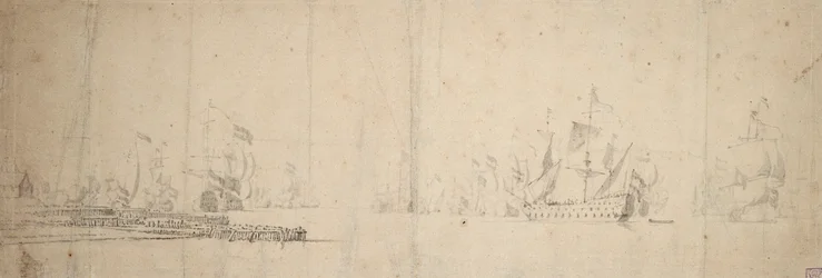 Eine niederländische Flotte, die sich von einem Pier entfernt, ca. 1665