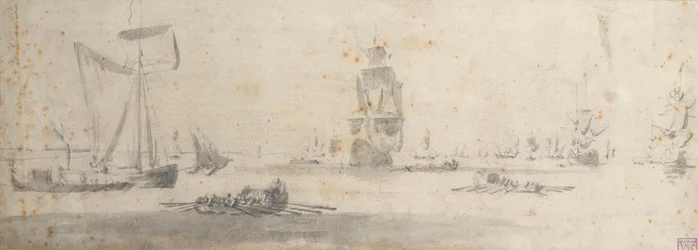 Eine Galeotte bei leichtem Wind und mehrere Lastkähne, ca. 1681
