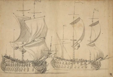 Ein englisches Dritt- und Viertklasseschiff unter leichter Segel, ca. 1677