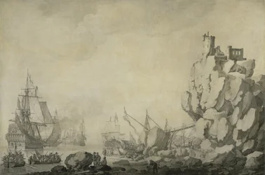 Schiffe und Miliz an einer felsigen Küste, ca. 1680