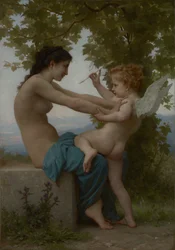 Ein junges Mädchen verteidigt sich gegen Eros, ca. 1880