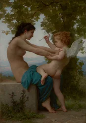 Ein junges Mädchen verteidigt sich gegen Amor