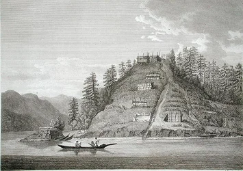 Dorf der freundlichen Indianer am Eingang des Bute-Kanals, graviert von J. Landseer, ca. 1790-99