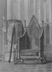 Der Krönungsstuhl der englischen Souveräne, mit dem Schild und Schwert von Edward dem Dritten, Westminster Abbey