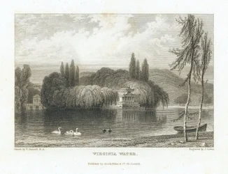 Virginia Water, See Surrey (England), in der Nähe von Windsor, Ansicht des chinesischen Pavillons, umgeben von Bäumen auf einer Insel in der Mitte des Sees. Gravur von J. Lewis nach William Daniell (1769-1837).