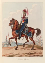 Sechzehnte Lancers (Aquatinta, koloriert)