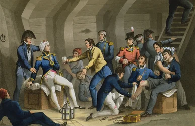 Das Unterdeck, Schlacht am Nil, mit dem in der Schlacht verwundeten Nelson, gestochen von Matthew Dubourg (tätig 1813-20), aus „Historic, Military and Naval Anecdotes“, veröffentlicht von Edward Orme (1774-ca. 1820), 1817