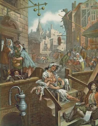 Chromolithographie von William Hogarths Gin Lane