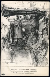 Erster Weltkrieg - Krieg 14-18 (1914-1918) - Erster Weltkrieg (WWI oder WW1): Frankreich, Patriotische Karte mit einer Zeichnung eines Soldaten in einem Schützengraben, der die Frontlinie beobachtet, betitelt: 