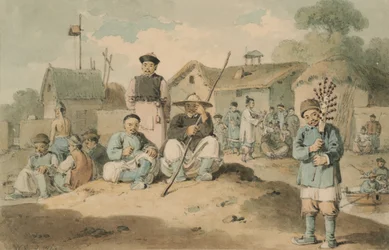 Eine Gruppe von Chinesen am Fluss, die die Botschaft des Earl of McCartney vorbeiziehen sehen