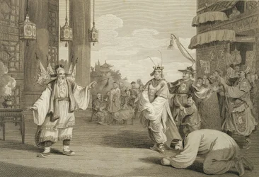 Eine Szene in einem historischen Stück auf der chinesischen Bühne, graviert von James Heath, veröffentlicht von G. Nicol, 1796