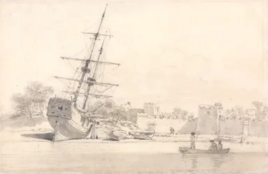 Ein kleines Segelschiff am Ufer unter einigen befestigten Gebäuden