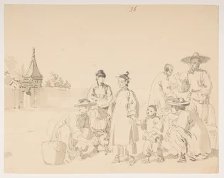 Eine Gruppe, aus einem Album mit 372 Zeichnungen von Landschaften, Küstenlinien, Kostümen und Alltagsleben, erstellt während der Botschaft von Lord Macartney an den Kaiser von China