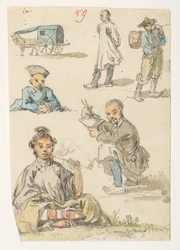 Studien von Chinesen, aus einem Album mit 372 Zeichnungen von Landschaften, Küstenlinien, Kostümen und Alltagsleben, erstellt während der Botschaft von Lord Macartney an den Kaiser von China, zwischen 1792 und 1794