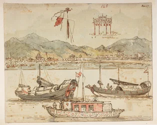 Boote und Triumphbögen, aus einem Album mit 372 Zeichnungen von Landschaften, Küstenlinien, Kostümen und Alltagsleben, erstellt während der Botschaft von Lord Macartney an den Kaiser von China, zwischen 1792 und 1794