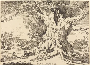 Rastende Männer und Hunde unter einem großen Baum