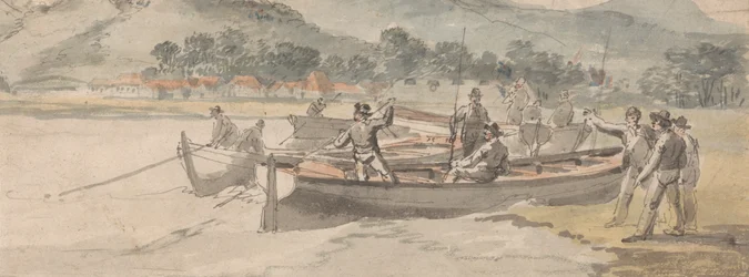 Boote und Männer am Ufer