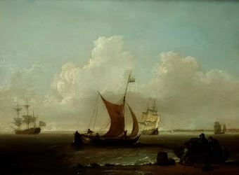 Niederländische Schiffe vor der Küste Hollands mit Fischern beim Beladen eines Bootes an Land