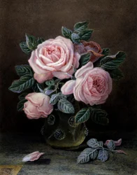Rosa Rosen in einer Glasvase. Gemälde von William Hough (fl.1850-1900) Privatsammlung.