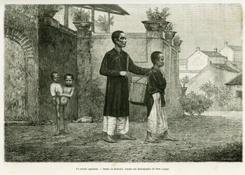 Ein wandelnder Zauberer, ein blinder Masseur. Gravur von Barbotin zur Illustration der Geschichte Trente mois au Tonkin, 1884, von Dr. Paul Hocquard, in Le Tour du Monde 1890, unter der Leitung von Edouard Charton, Hachette, Paris