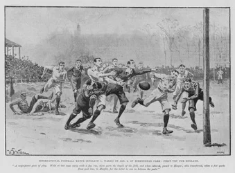 Internationales Fußballspiel (England gegen Wales) am 6. Januar im Birkenhead Park, Erster Versuch für England (Lithografie)