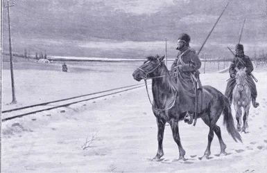 Bewachung der Eisenbahn in der Nähe von Mukden, Illustration aus Cassells Geschichte des Russisch-Japanischen Krieges Band 1, ca. 1900